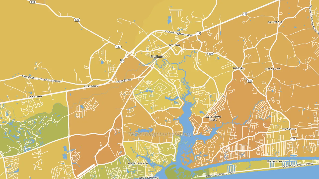 Map of the best neighborhoods in the Shallotte area, with better matches in green and worse matches in red