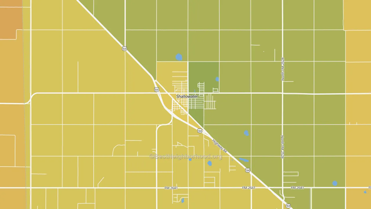 Map of the best neighborhoods in the Shallowater area, with better matches in green and worse matches in red