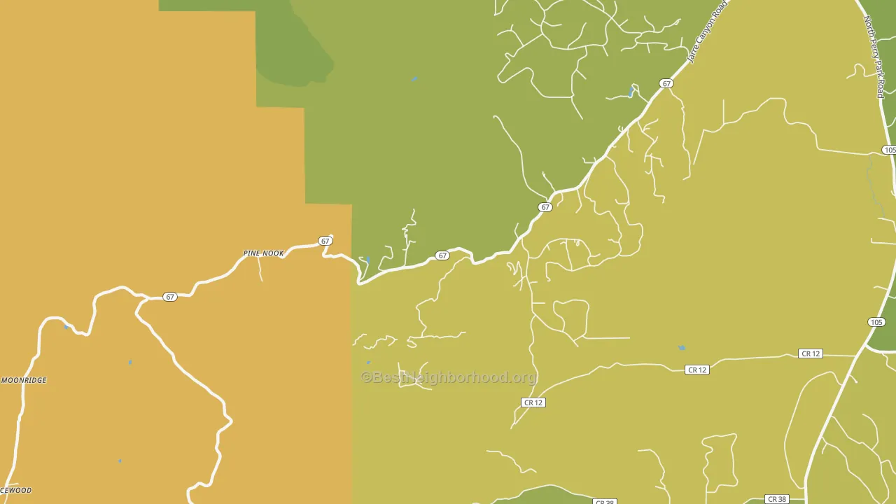 Map of the best neighborhoods in the Shamballah-Ashrama area, with better matches in green and worse matches in red