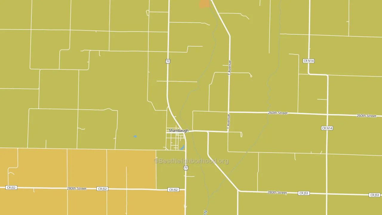 Map of the best neighborhoods in the Shambaugh area, with better matches in green and worse matches in red