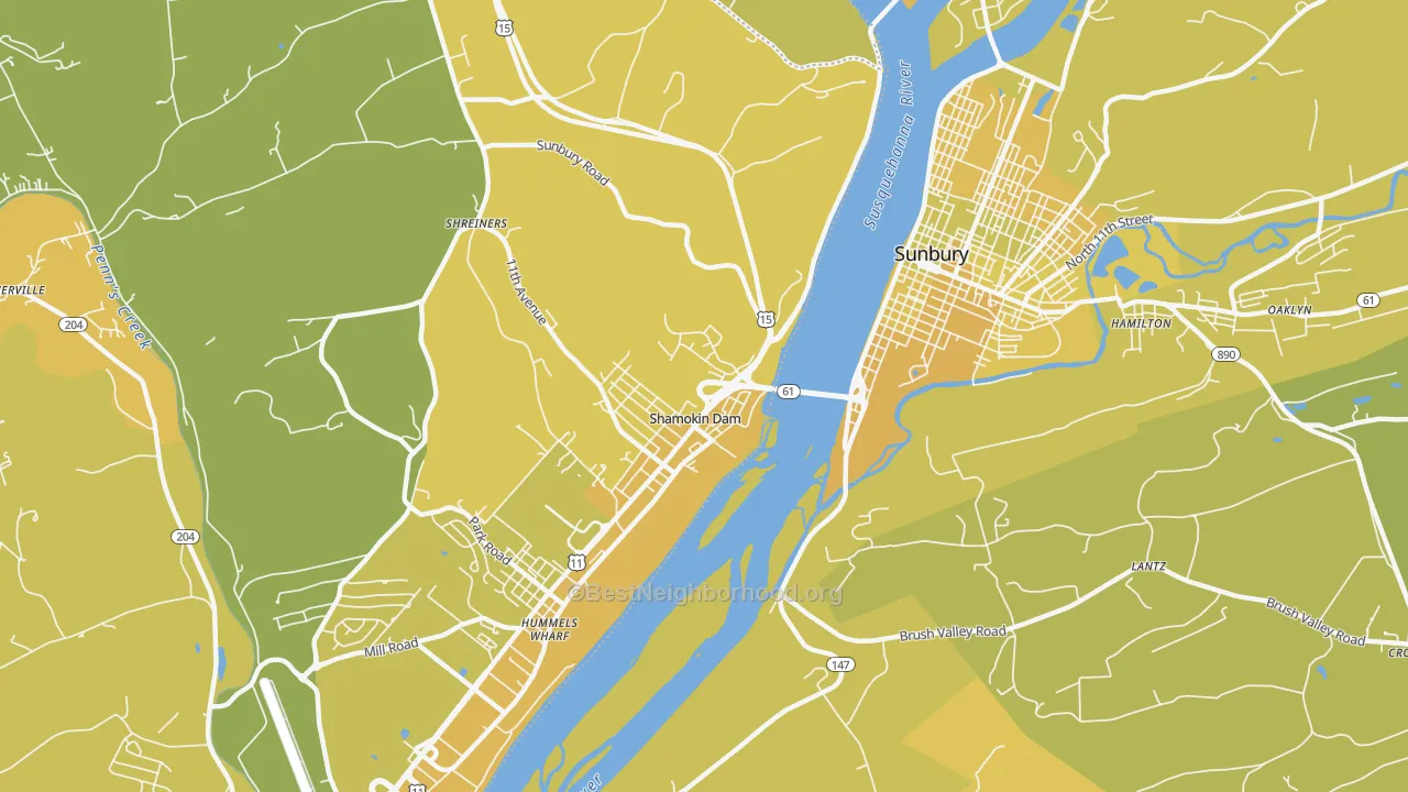 Map of the best neighborhoods in the Shamokin Dam area, with better matches in green and worse matches in red