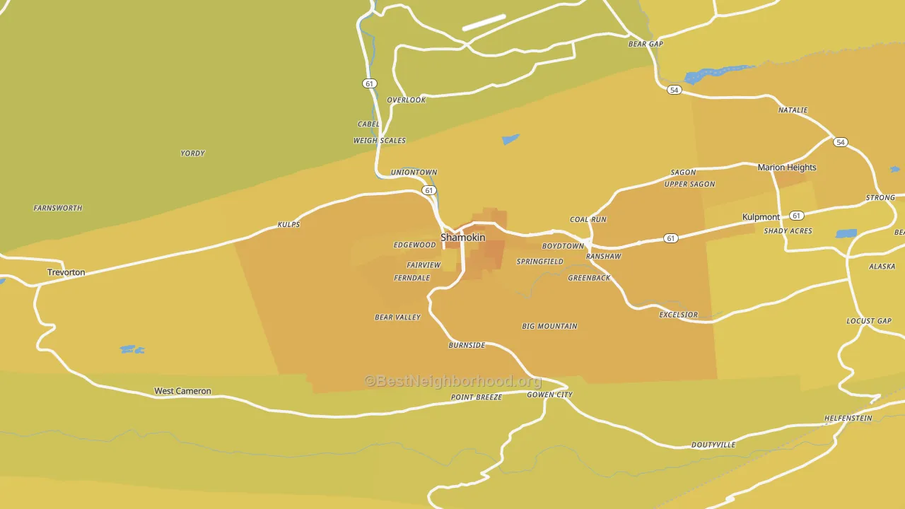 Map of the best neighborhoods in the Shamokin area, with better matches in green and worse matches in red