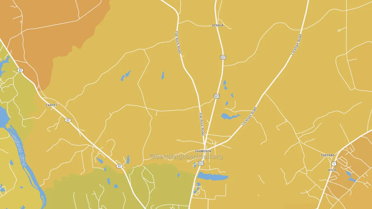 Map of the best neighborhoods in the Shamokin area, with better matches in green and worse matches in red