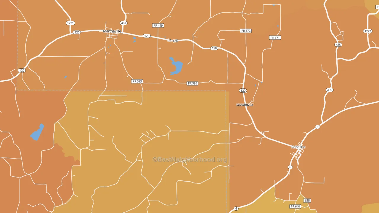 Map of the best neighborhoods in the Shamrock area, with better matches in green and worse matches in red