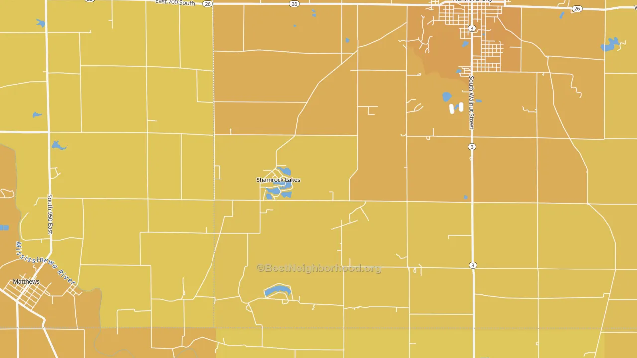 Map of the best neighborhoods in the Shamrock Lakes area, with better matches in green and worse matches in red