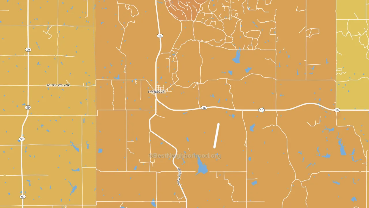 Map of the best neighborhoods in the Shamrock area, with better matches in green and worse matches in red