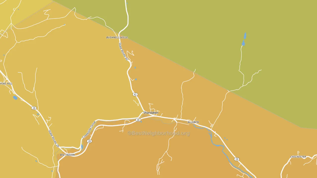 Map of the best neighborhoods in the Shandaken area, with better matches in green and worse matches in red