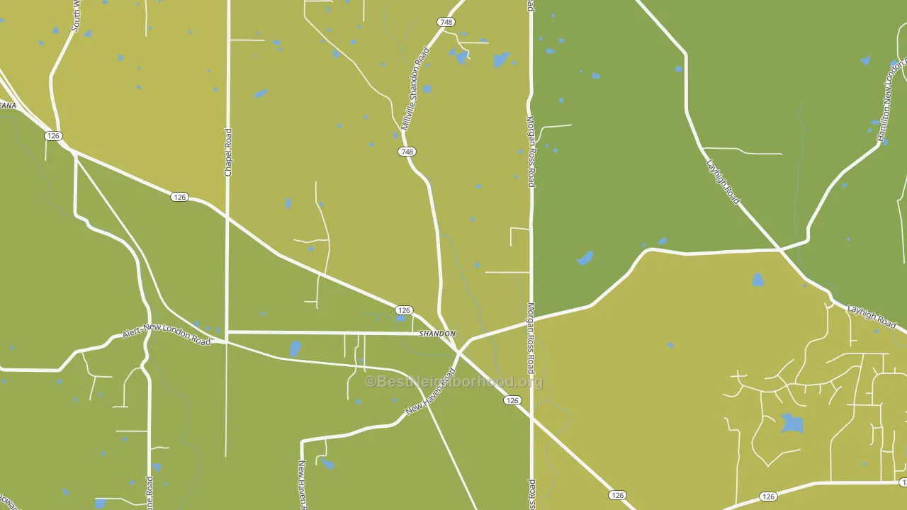 Map of the best neighborhoods in the Shandon area, with better matches in green and worse matches in red