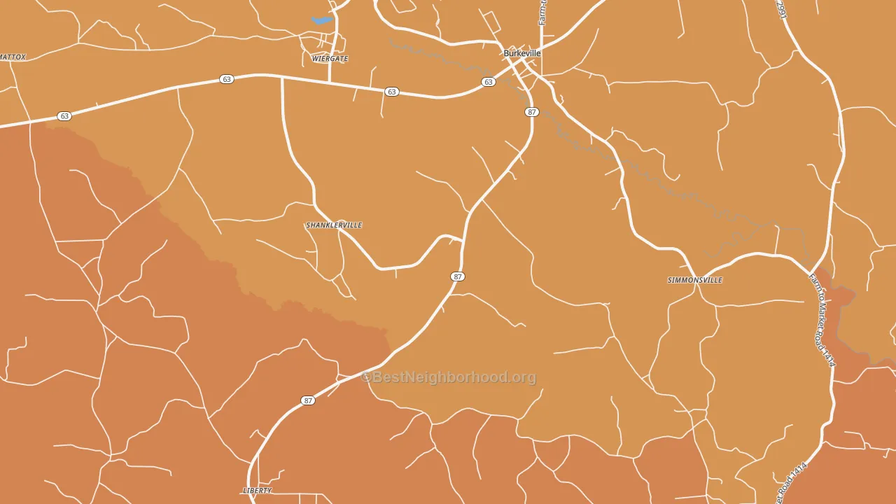 Map of the best neighborhoods in the Shanklerville area, with better matches in green and worse matches in red