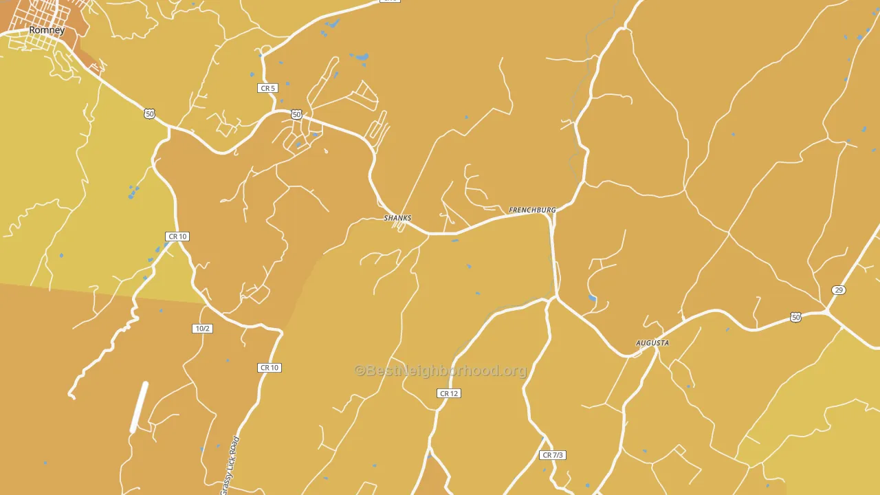 Map of the best neighborhoods in the Shanks area, with better matches in green and worse matches in red