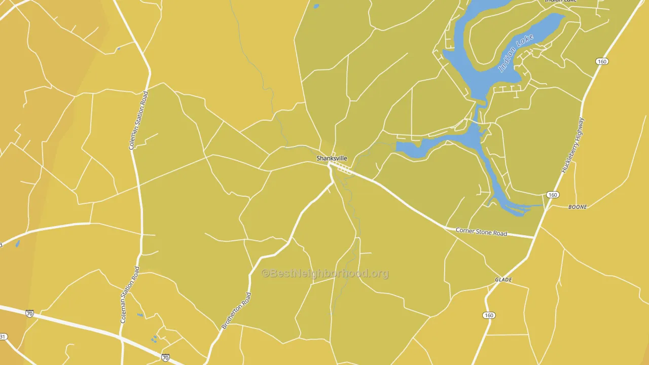 Map of the best neighborhoods in the Shanksville area, with better matches in green and worse matches in red
