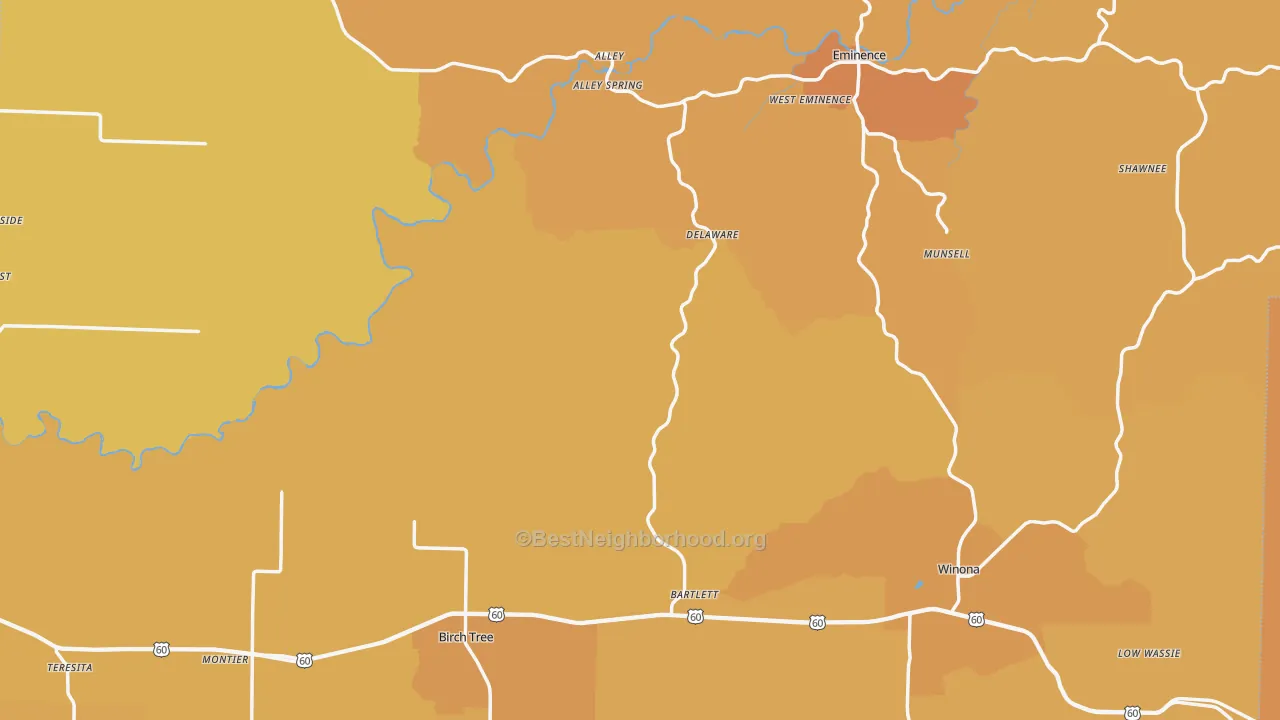 Map of the best neighborhoods in the Shannon County area, with better matches in green and worse matches in red