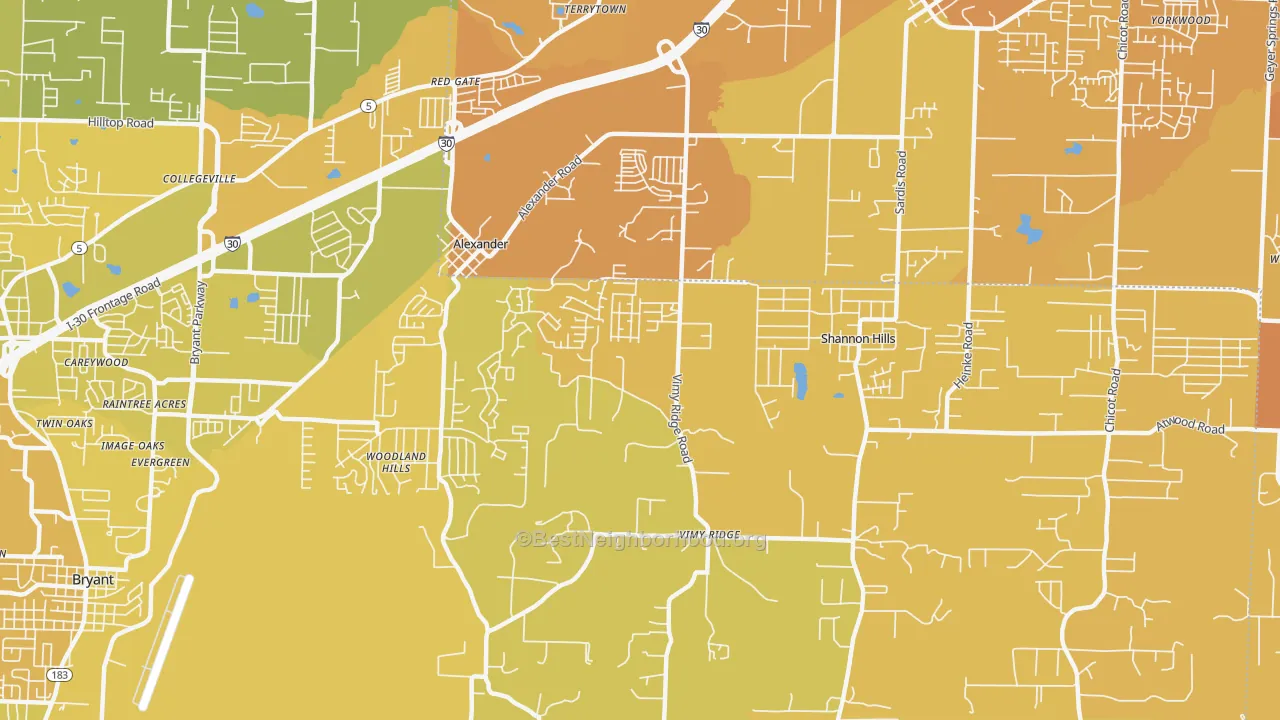 Map of the best neighborhoods in the Shannon Hills area, with better matches in green and worse matches in red