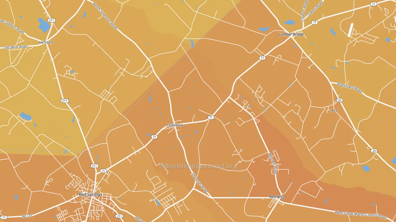 Map of the best neighborhoods in the Shannon area, with better matches in green and worse matches in red