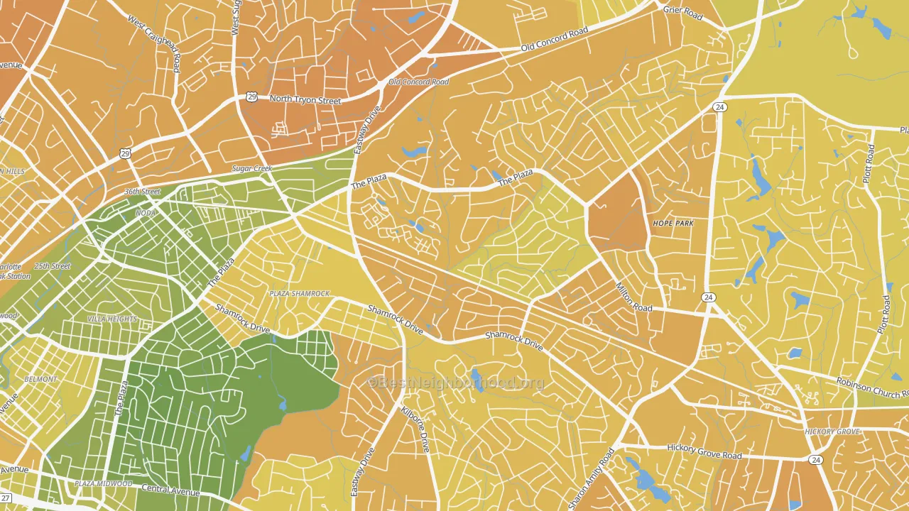 Map of the best neighborhoods in the Shannon Park, Charlotte area, with better matches in green and worse matches in red