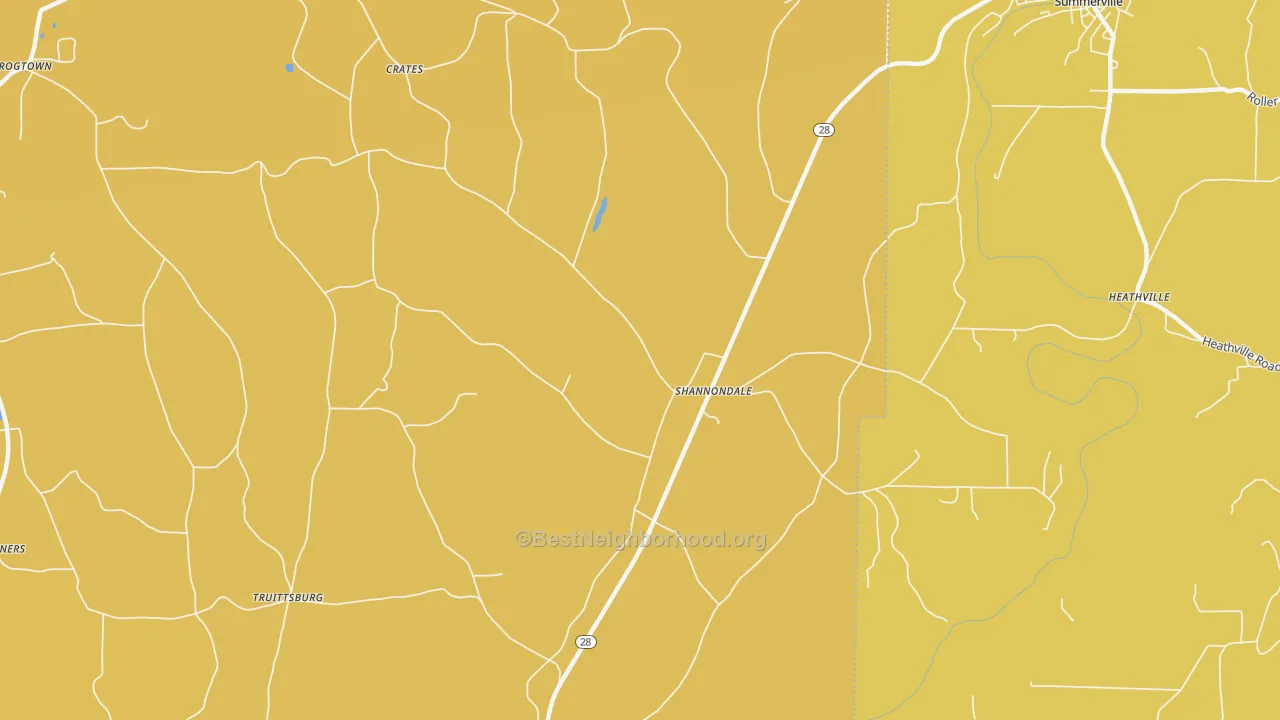 Map of the best neighborhoods in the Shannondale area, with better matches in green and worse matches in red