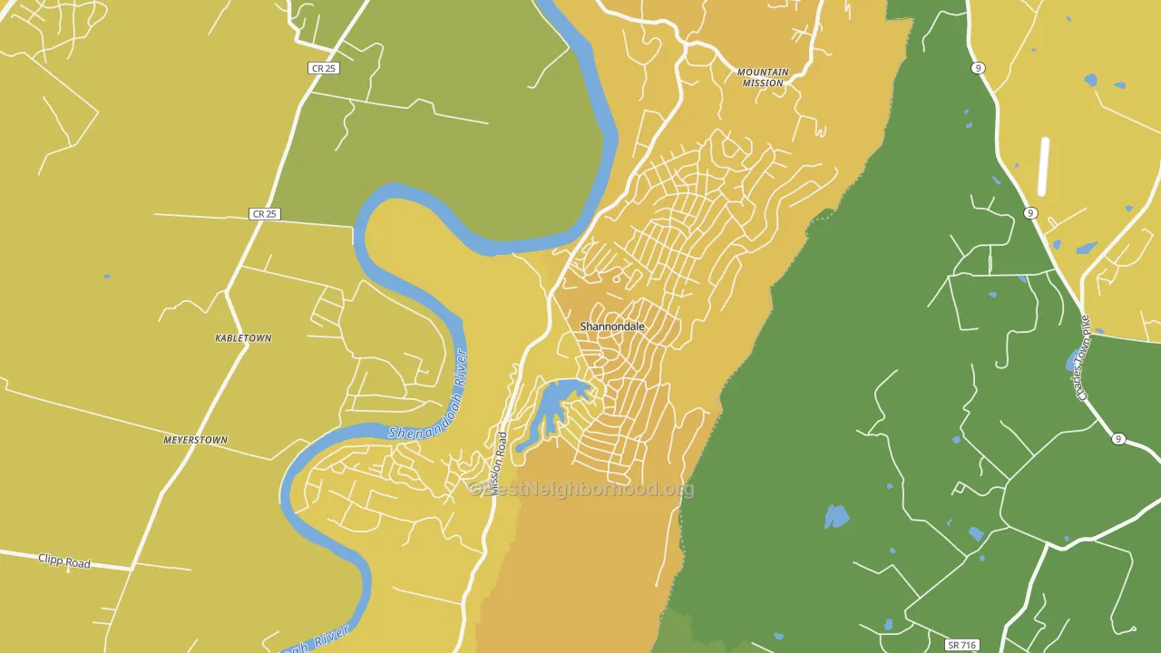 Map of the best neighborhoods in the Shannondale area, with better matches in green and worse matches in red