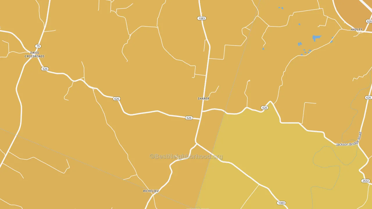 Map of the best neighborhoods in the Sharer area, with better matches in green and worse matches in red