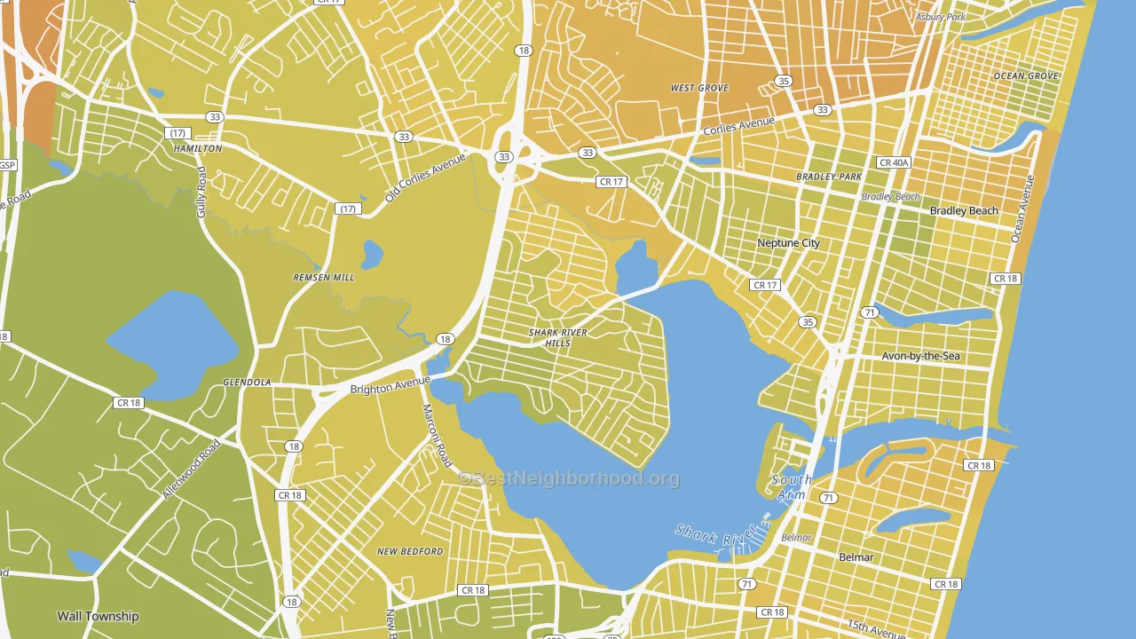 Map of the best neighborhoods in the Shark River Hills area, with better matches in green and worse matches in red
