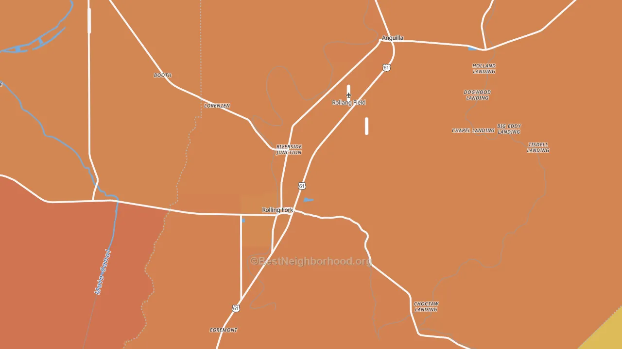 Map of the best neighborhoods in the Sharkey County area, with better matches in green and worse matches in red