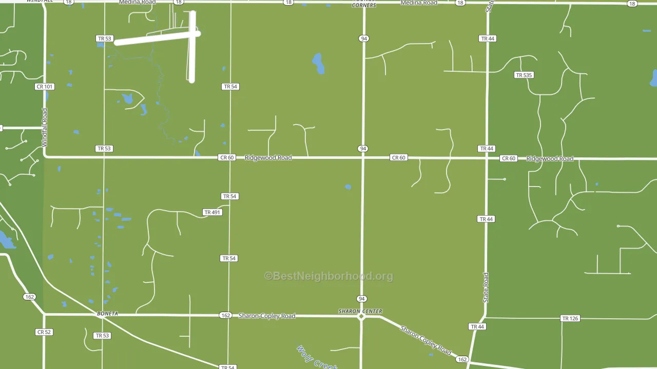 Map of the best neighborhoods in the Sharon Center area, with better matches in green and worse matches in red