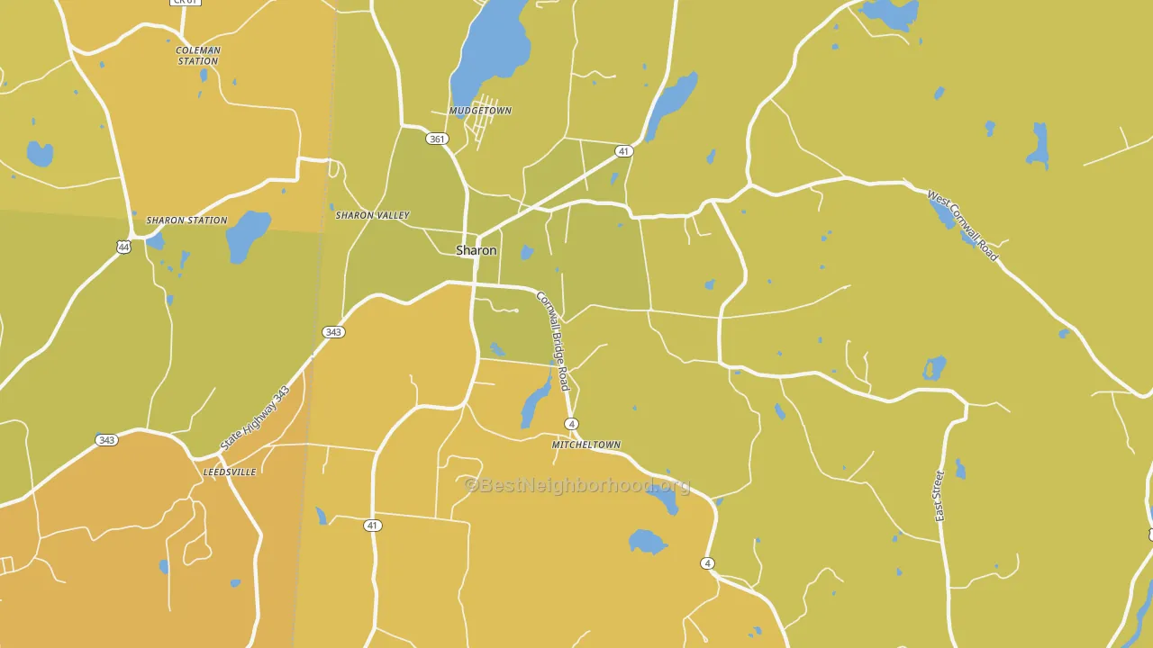 Map of the best neighborhoods in the Sharon area, with better matches in green and worse matches in red