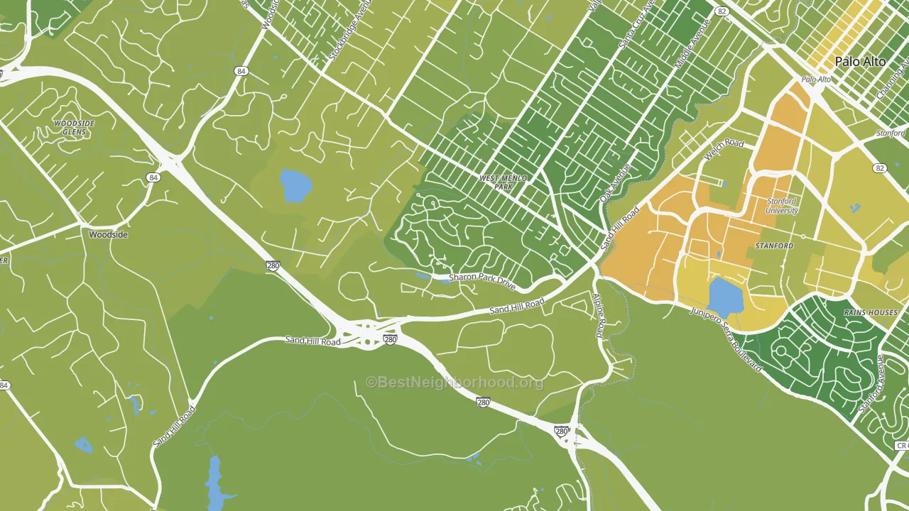 Map of the best neighborhoods in the Sharon Heights, Menlo Park area, with better matches in green and worse matches in red