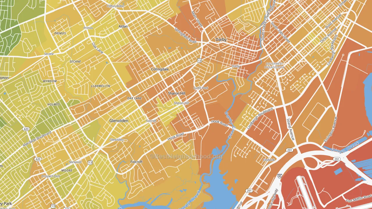 Map of the best neighborhoods in the Sharon Hill area, with better matches in green and worse matches in red