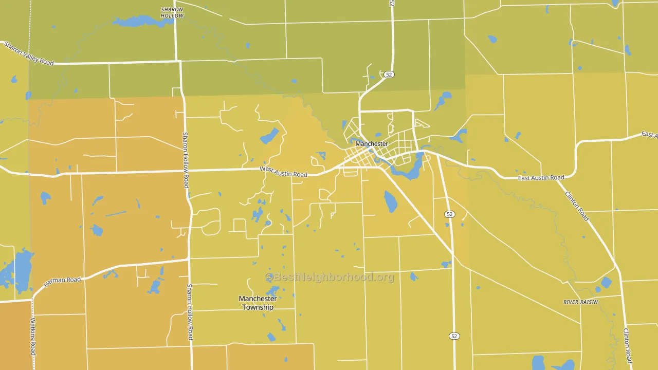 Map of the best neighborhoods in the Sharon Hollow area, with better matches in green and worse matches in red