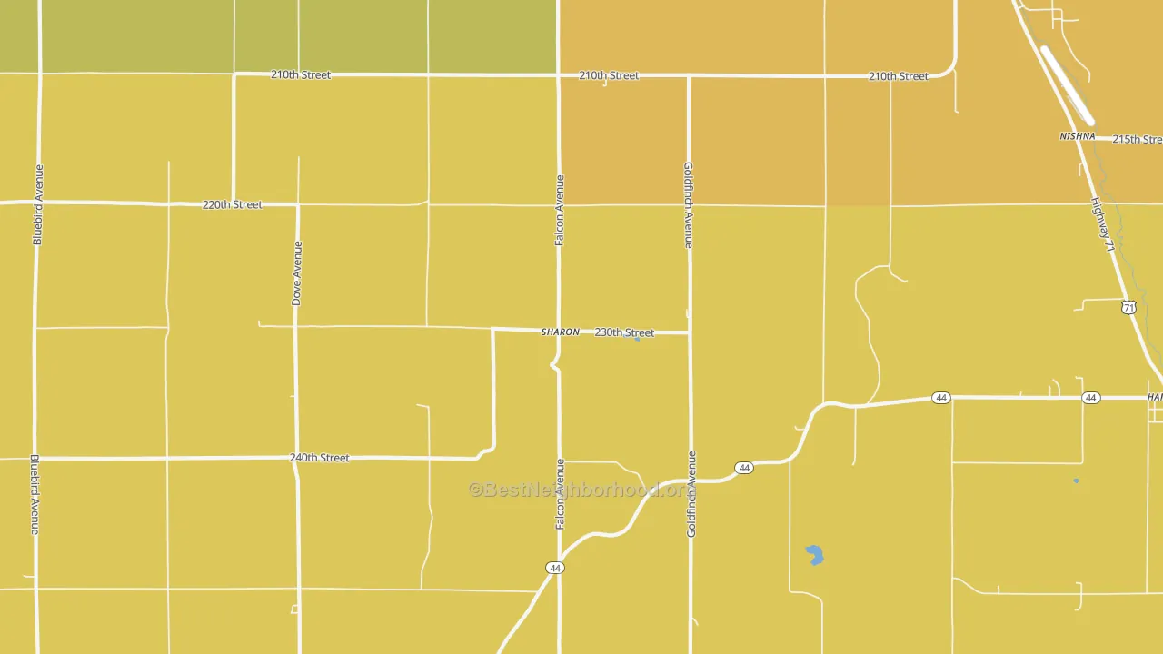 Map of the best neighborhoods in the Sharon area, with better matches in green and worse matches in red
