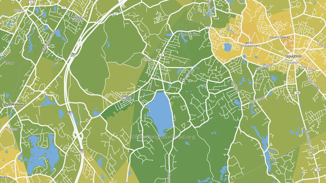 Map of the best neighborhoods in the Sharon area, with better matches in green and worse matches in red