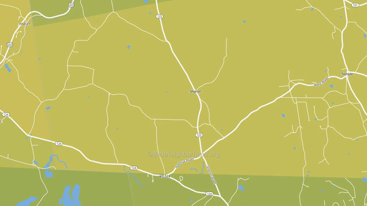 Map of the best neighborhoods in the Sharon area, with better matches in green and worse matches in red