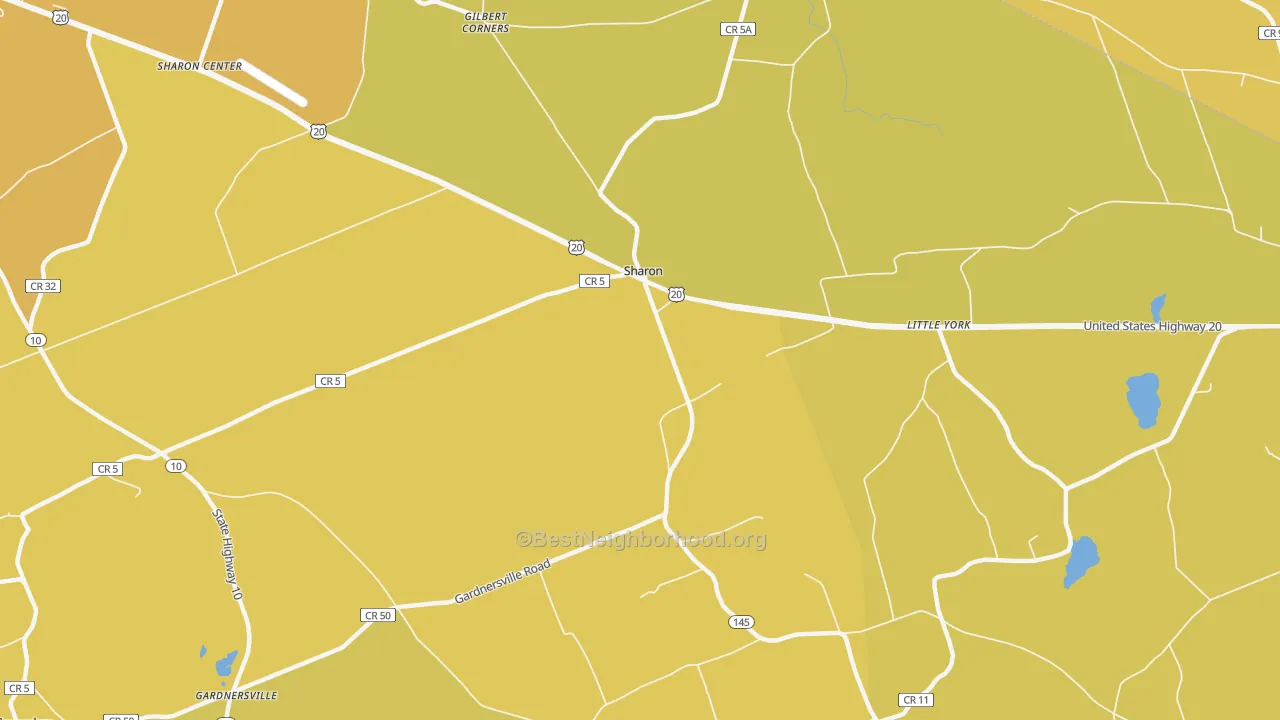 Map of the best neighborhoods in the Sharon area, with better matches in green and worse matches in red