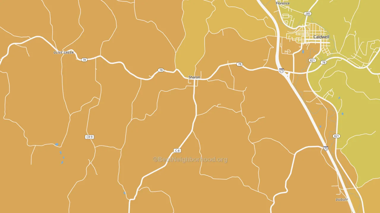 Map of the best neighborhoods in the Sharon area, with better matches in green and worse matches in red