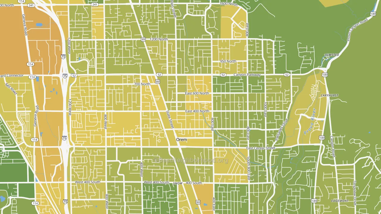 Map of the best neighborhoods in the Sharon, Orem area, with better matches in green and worse matches in red