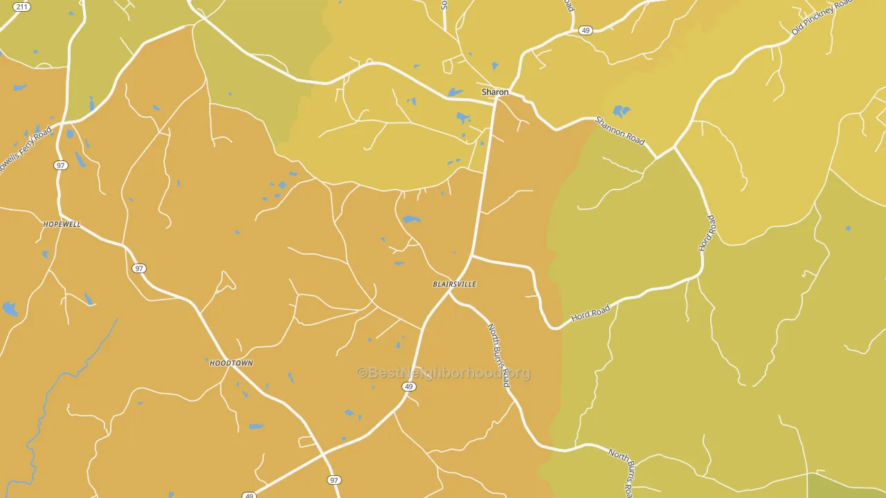 Map of the best neighborhoods in the Sharon area, with better matches in green and worse matches in red