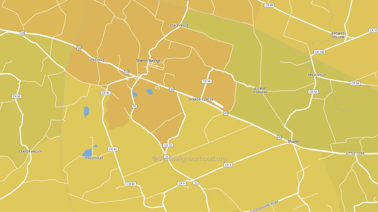 Map of the best neighborhoods in the Sharon Springs area, with better matches in green and worse matches in red