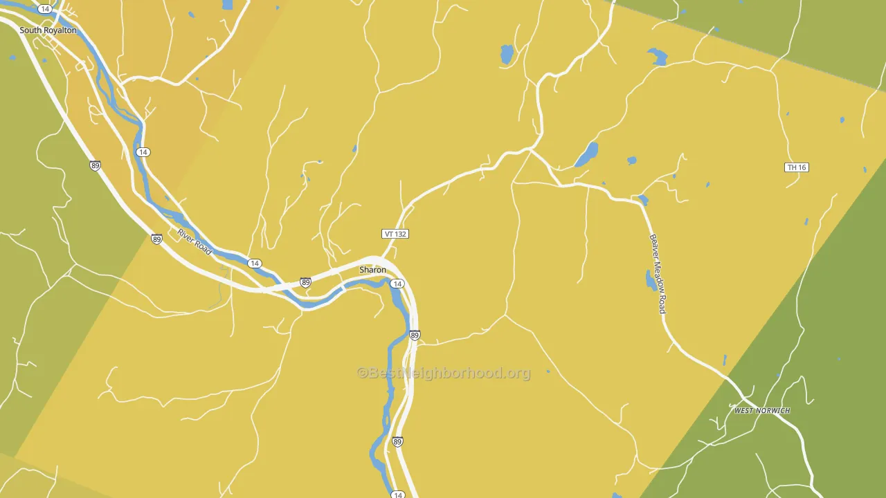 Map of the best neighborhoods in the Sharon area, with better matches in green and worse matches in red