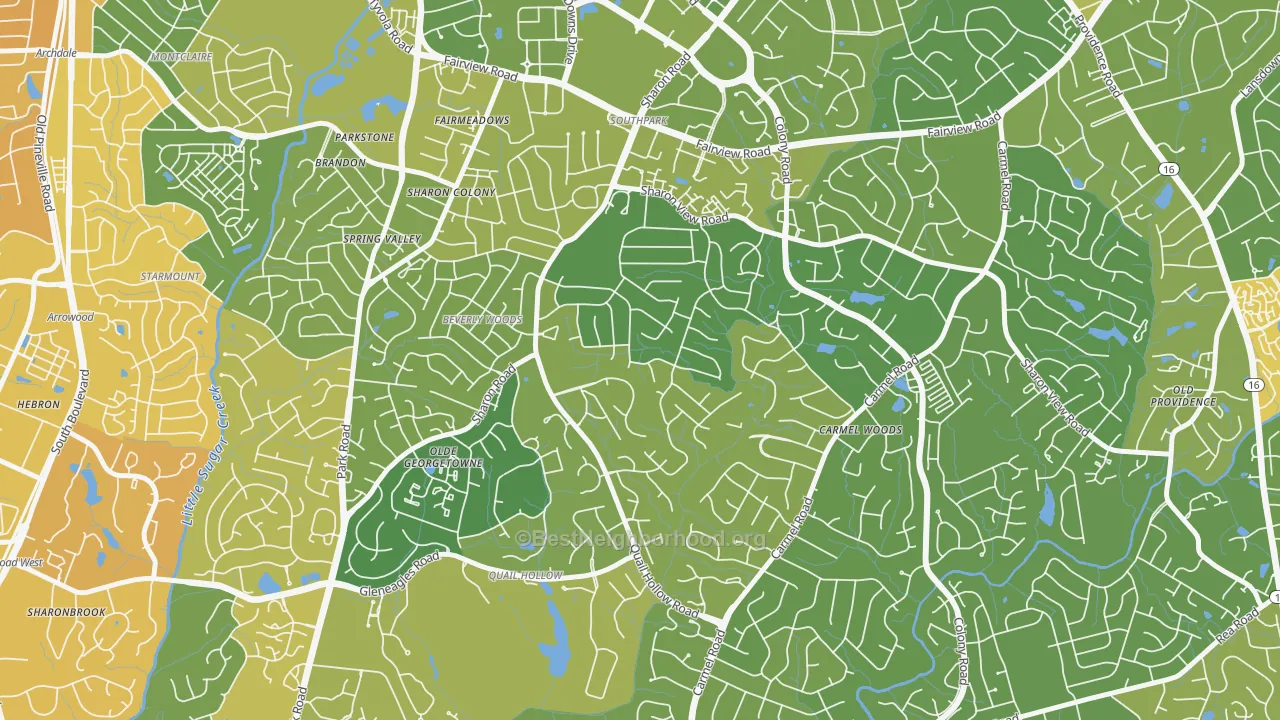 Map of the best neighborhoods in the Sharon Woods, Charlotte area, with better matches in green and worse matches in red