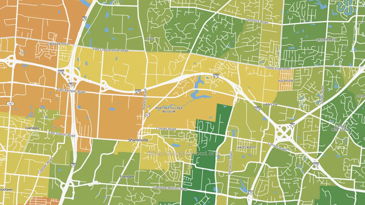 Map of the best neighborhoods in the Sharonville area, with better matches in green and worse matches in red