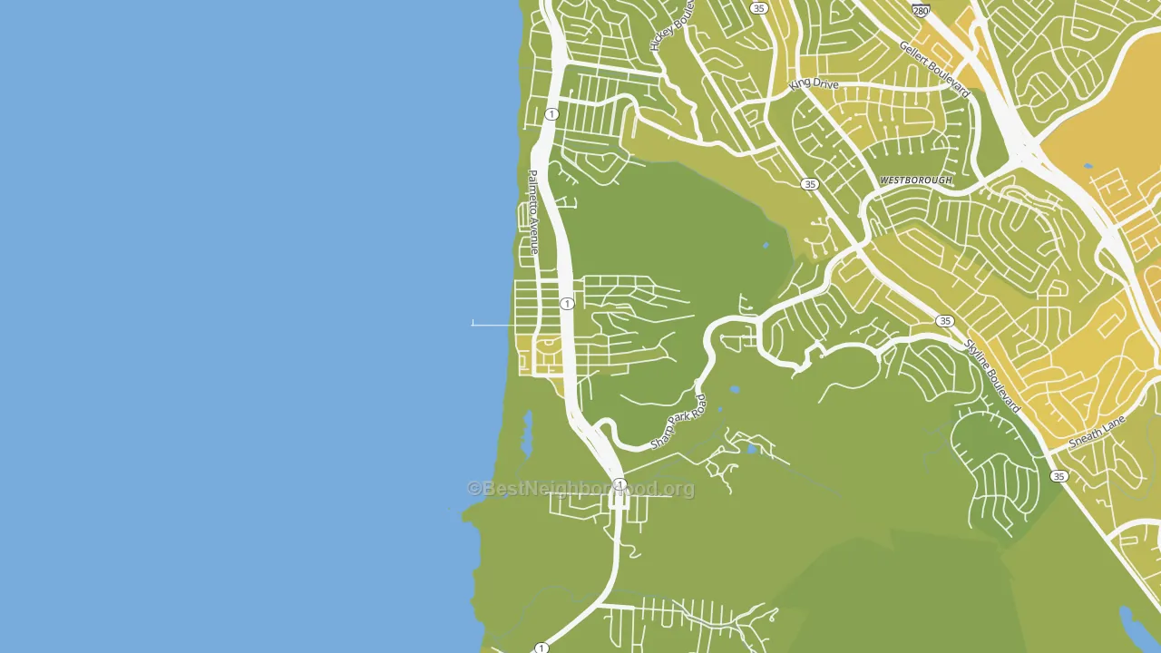 Map of the best neighborhoods in the Sharp Park, Pacifica area, with better matches in green and worse matches in red