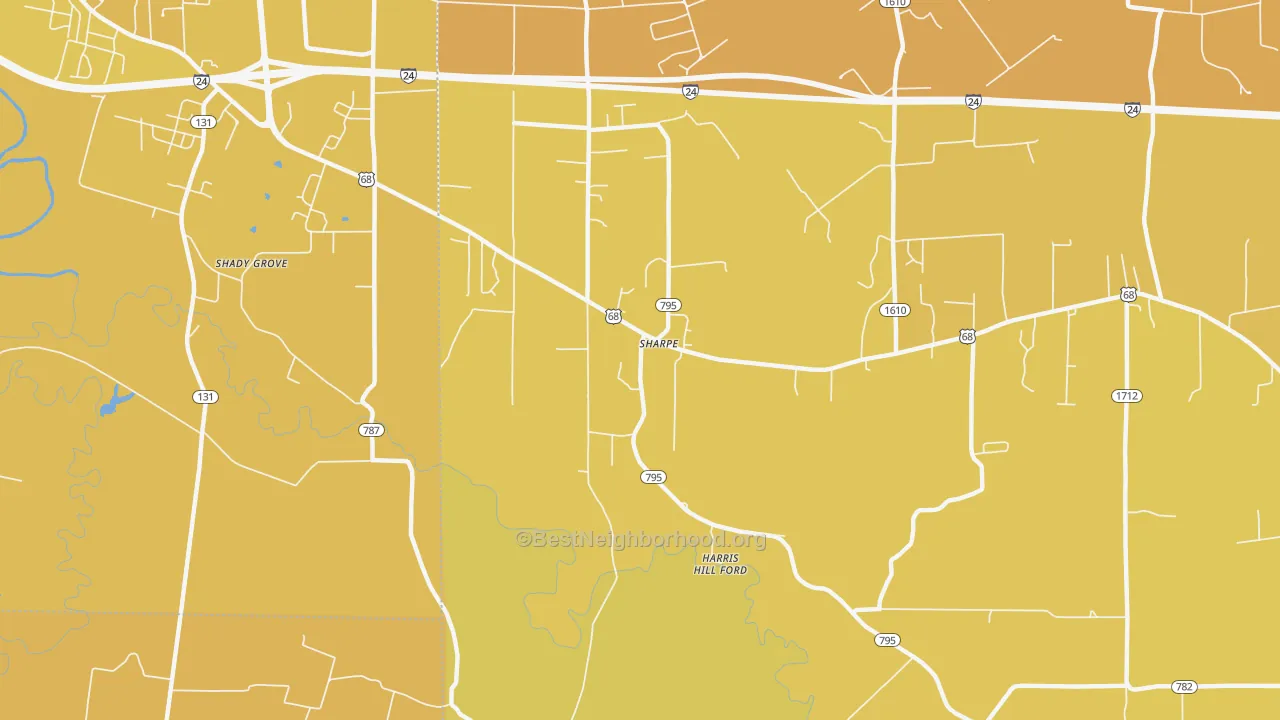 Map of the best neighborhoods in the Sharpe area, with better matches in green and worse matches in red