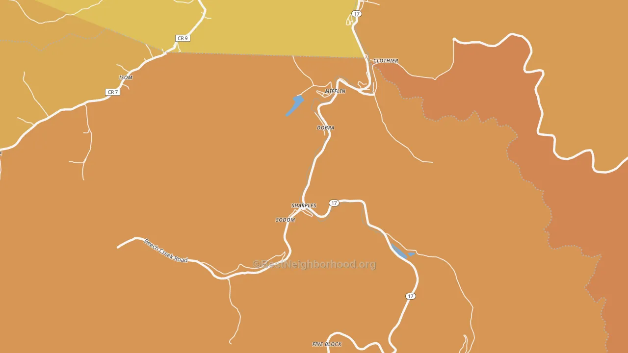 Map of the best neighborhoods in the Sharples area, with better matches in green and worse matches in red