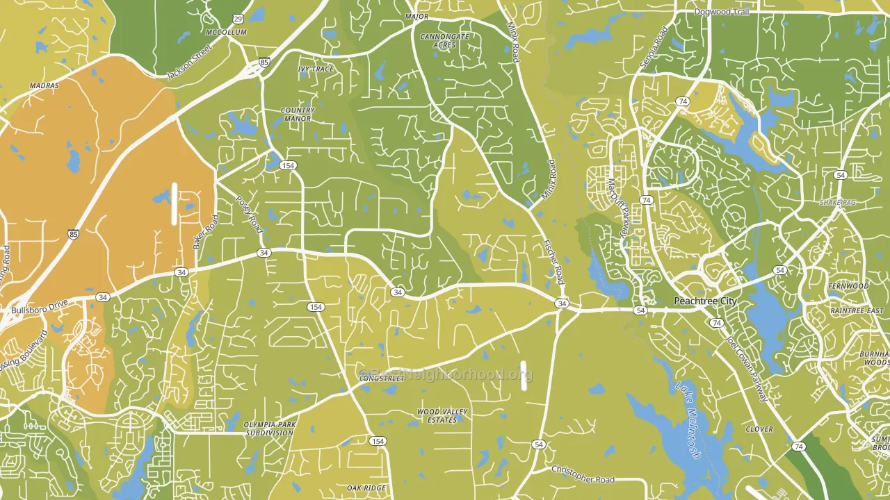 Map of the best neighborhoods in the Sharpsburg area, with better matches in green and worse matches in red