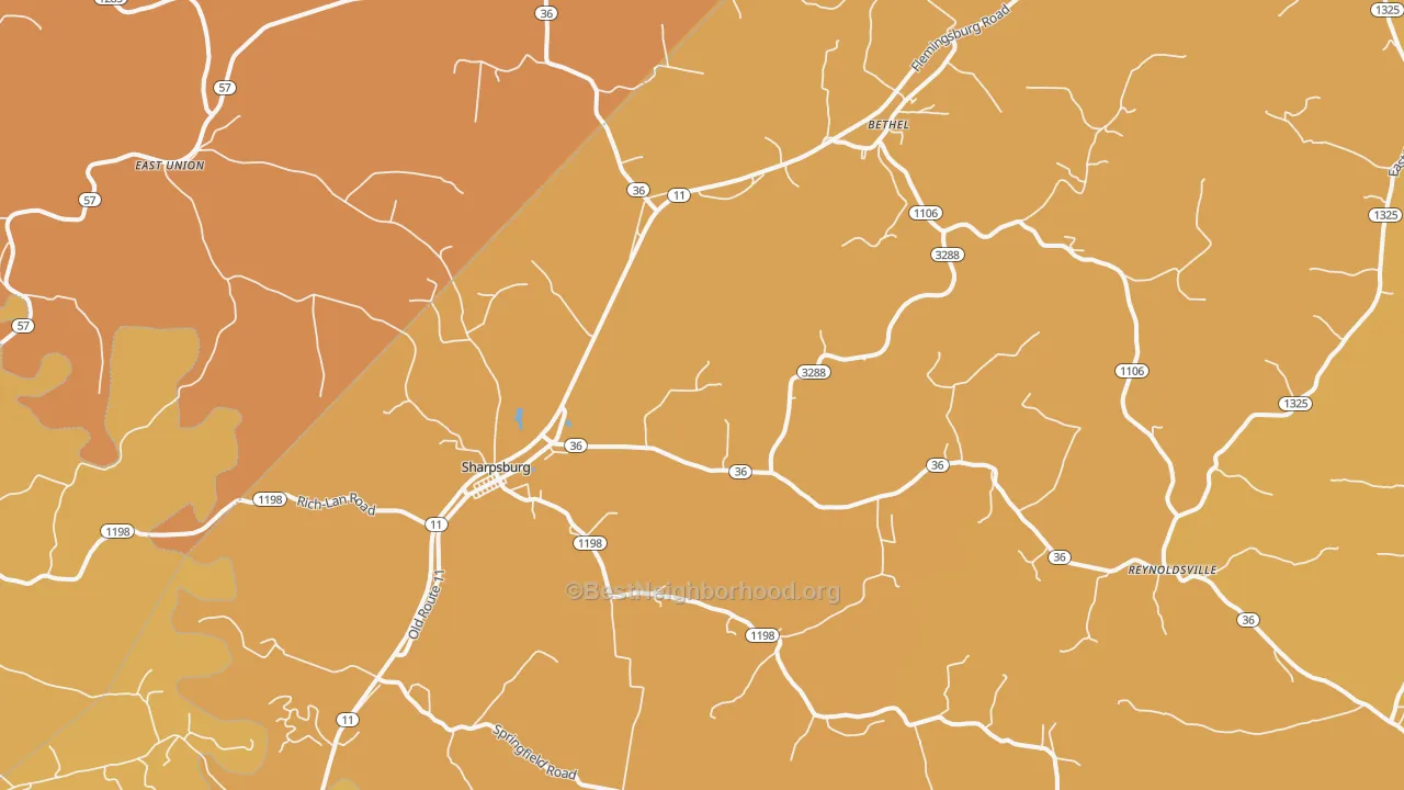 Map of the best neighborhoods in the Sharpsburg area, with better matches in green and worse matches in red