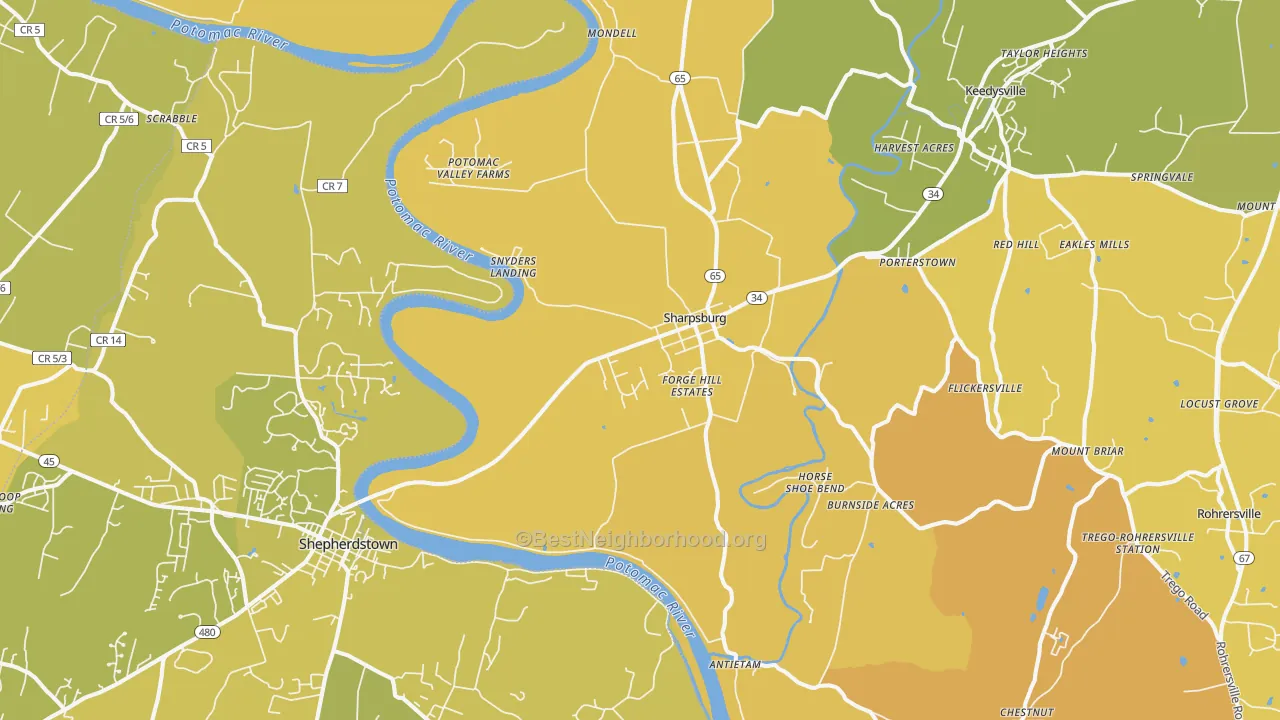 Map of the best neighborhoods in the Sharpsburg area, with better matches in green and worse matches in red