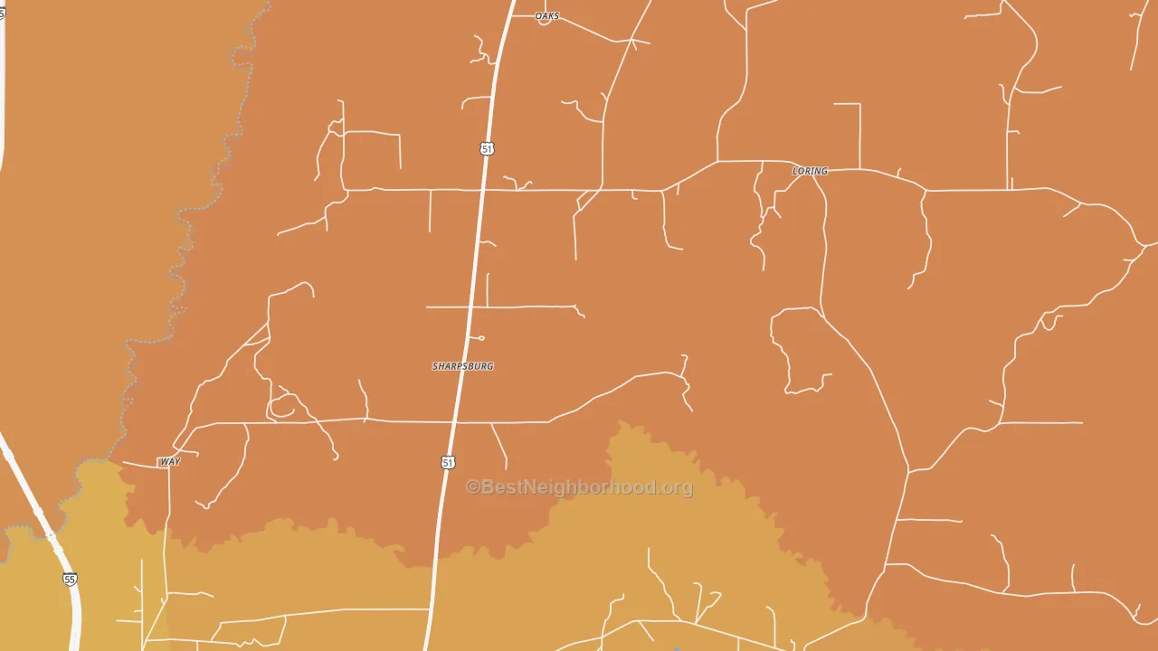 Map of the best neighborhoods in the Sharpsburg area, with better matches in green and worse matches in red