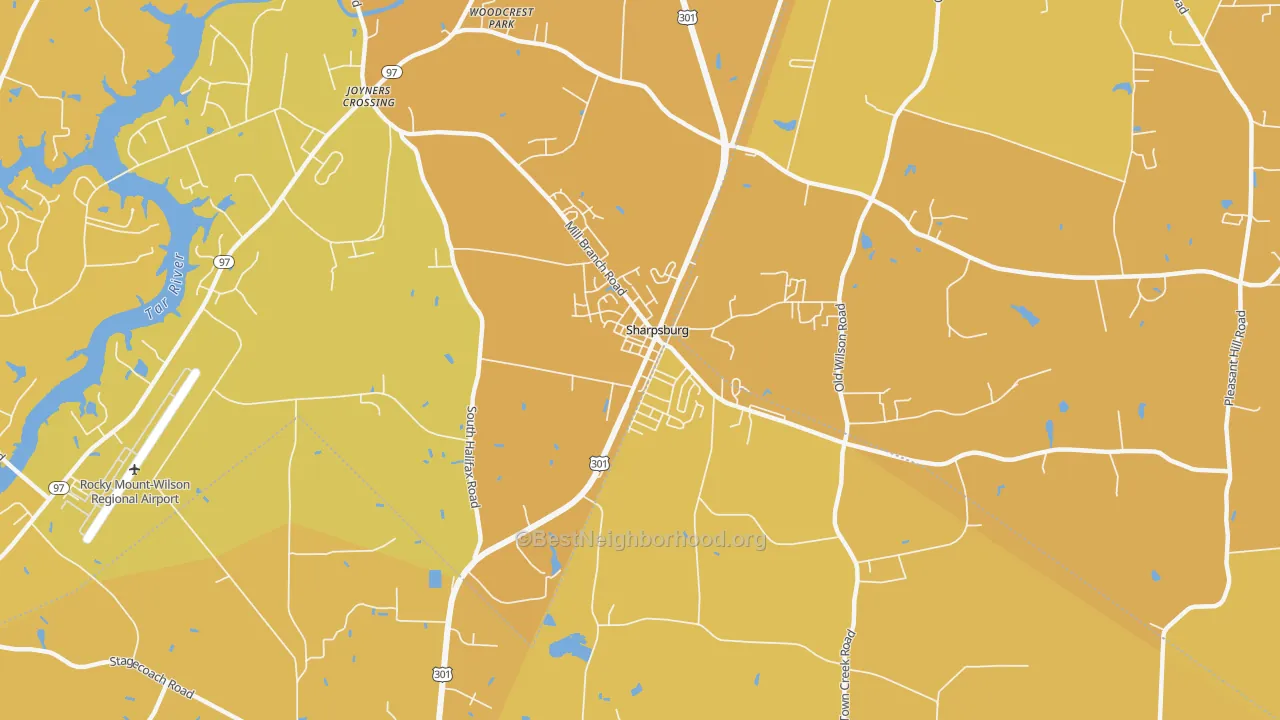 Map of the best neighborhoods in the Sharpsburg area, with better matches in green and worse matches in red