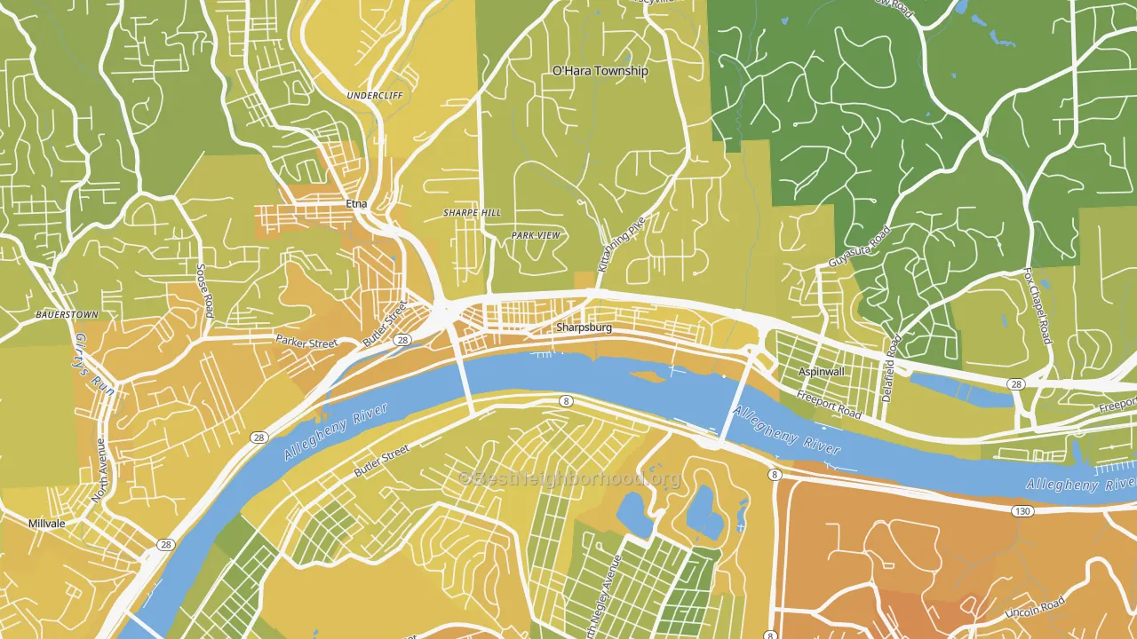 Map of the best neighborhoods in the Sharpsburg area, with better matches in green and worse matches in red