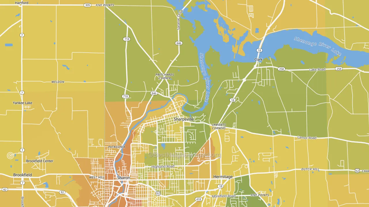 Map of the best neighborhoods in the Sharpsville area, with better matches in green and worse matches in red